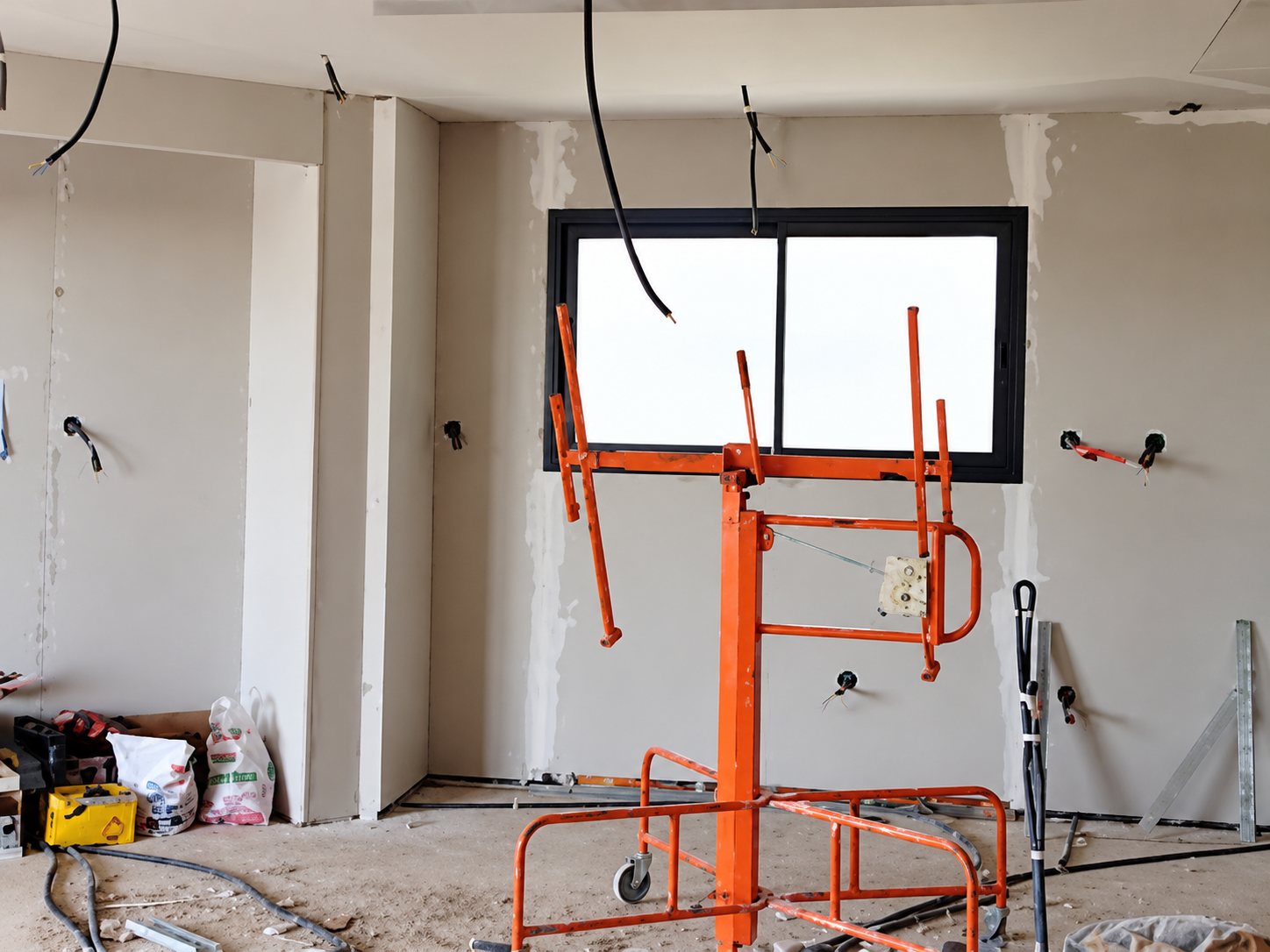 Pièce en travaux aux murs de plaques de plâtre brutes, avec un lève-plaque orange installé devant une grande fenêtre et des câbles électriques pendants.