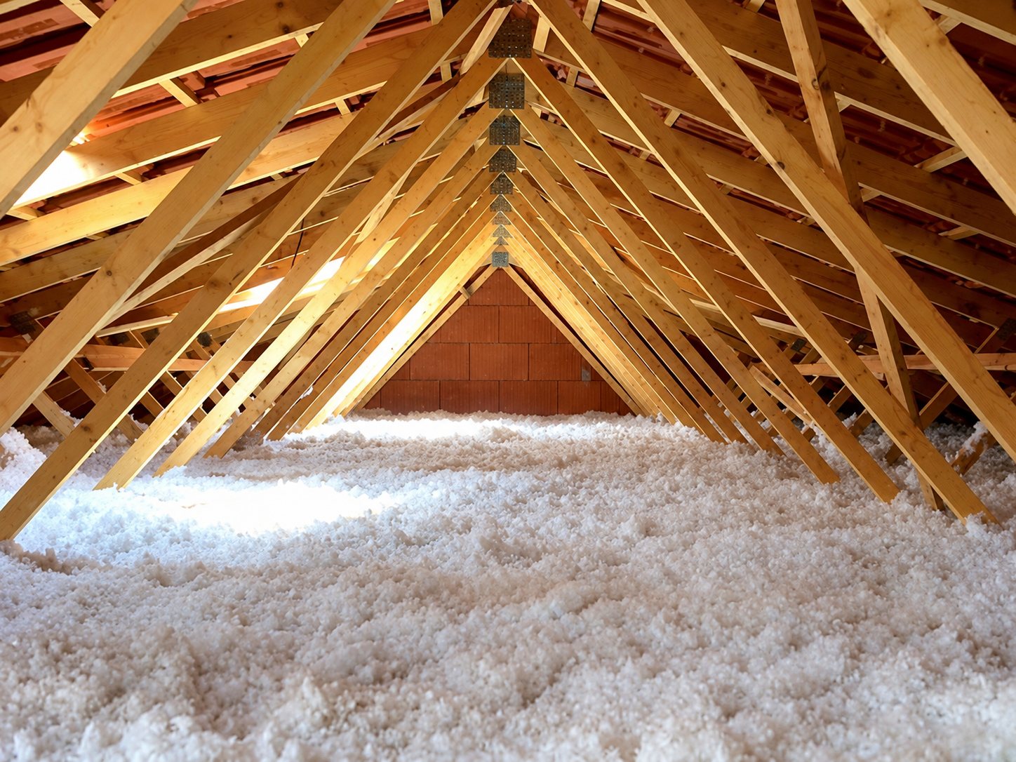 Vue de l'intérieur de combles avec une charpente en bois dont le sol est recouvert d'une épaisse couche d'isolant soufflé blanc.