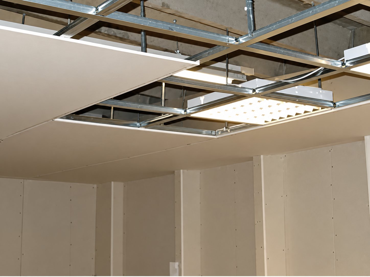 Chantier d'un faux plafond en cours de pose, avec une ossature métallique apparente, des plaques de plâtre et un luminaire encastré dans une pièce aux murs nus.