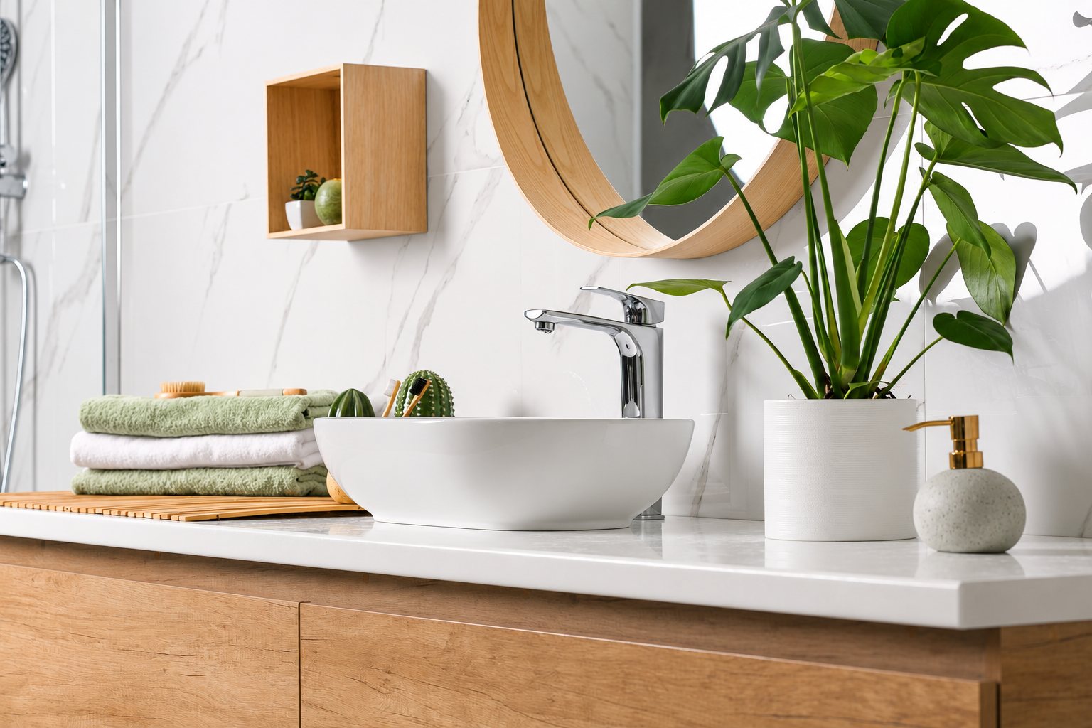 Vasque blanche posée sur un meuble en bois clair, avec miroir rond, serviettes vertes, plante monstera et distributeur de savon dans une salle de bains au mur effet marbre.