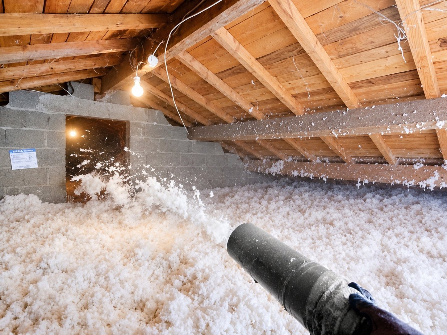 Un tuyau souffle de l'isolant en flocons blancs dans des combles sous une charpente en bois, près d'un mur en parpaings.