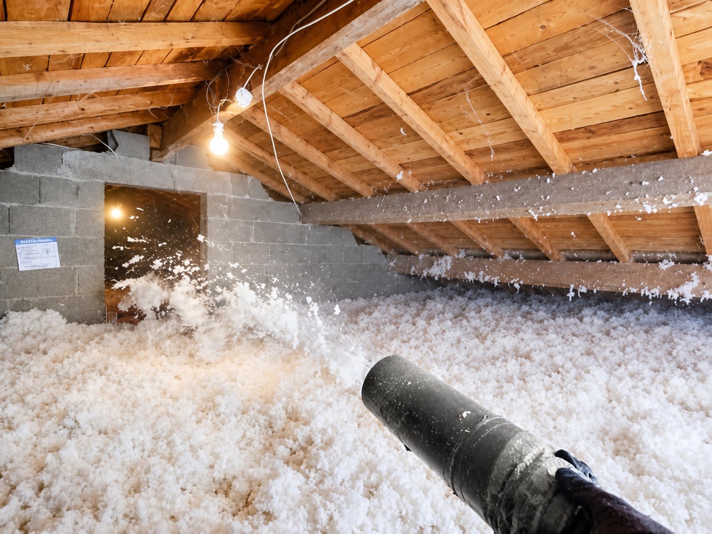 Un tuyau souffle de l'isolant en flocons blancs dans des combles aux poutres apparentes, éclairés par des ampoules.
